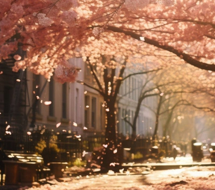 Ulica w blasku słońca otulona różowymi kwiatami wiśni spadającymi z drzew