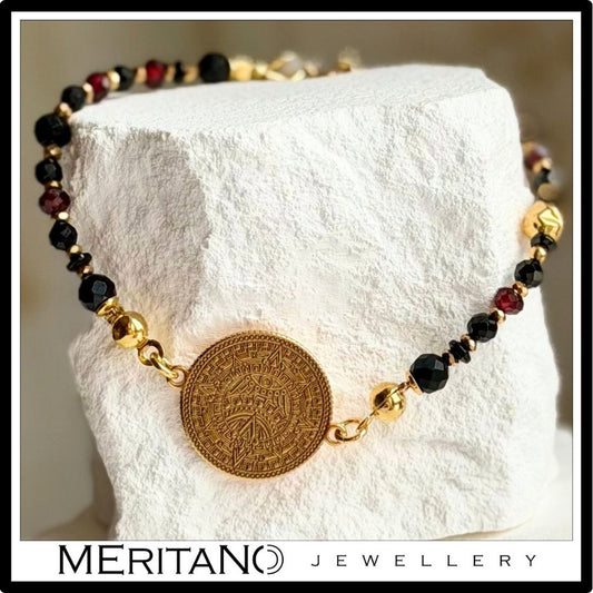 Bransoletka z turmalinem, granatem i monetą Azteków