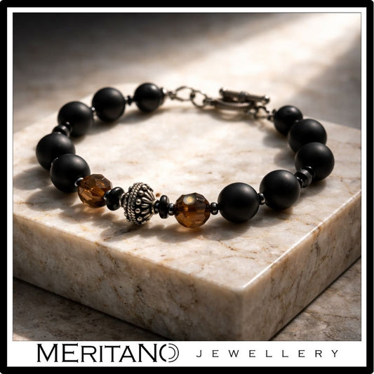 Męska bransoletka z turmalinem i kwarcem dymnym ze srebrem oksydowanym na kamieniu