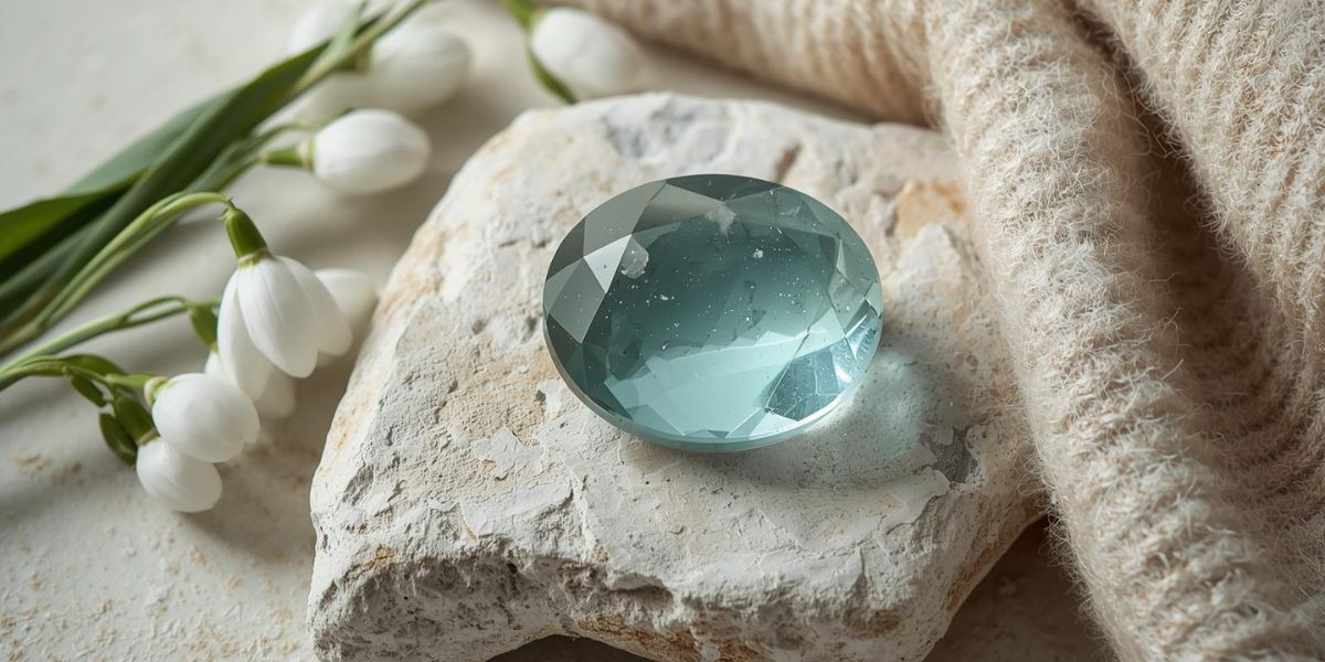 Akwamaryn – kamień urodzinowy marca w jasnoniebieskim odcieniu, leżący na naturalnym kamieniu obok przebiśniegów i beżowego koca.