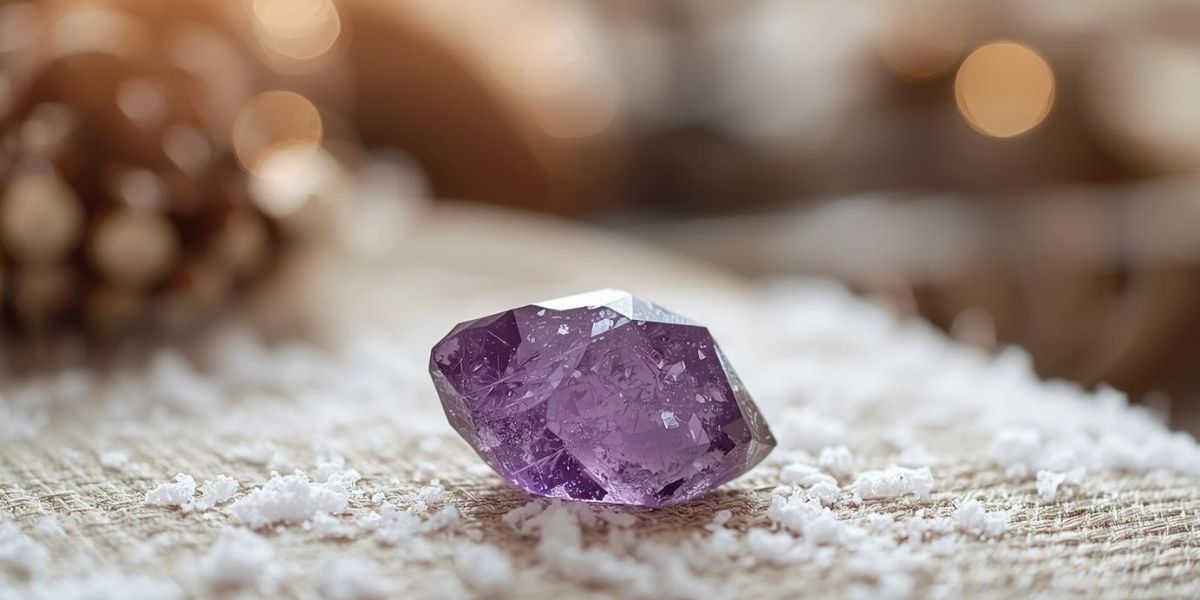 Fasetowany ametyst w odcieniu fioletu ułożony na jasnej, naturalnej powierzchni z drobną strukturą, z miękkim, rozmytym tłem w ciepłym świetle