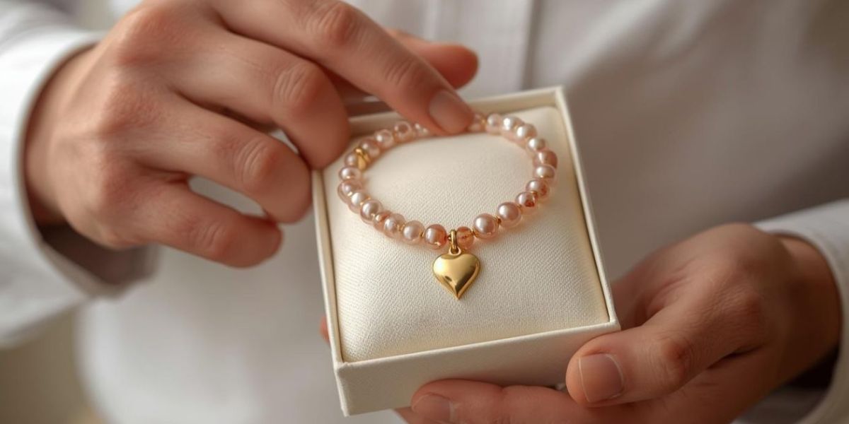 Bransoletka z pereł w pudełku prezentowym, różowe perły z pozłacaną zawieszką w kształcie serca, trzymana w dłoniach.