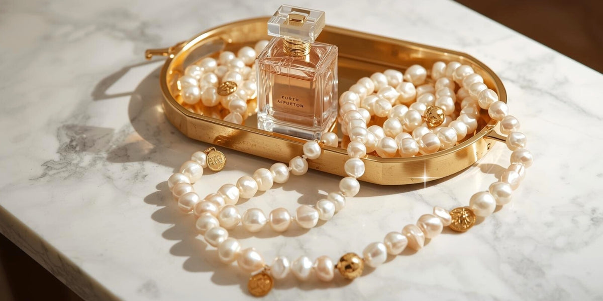 Naszyjnik z pereł naturalnych na złotej tacy z flakonem perfum – biżuteria z kolekcji Paris-Paris od Meritano Jewellery