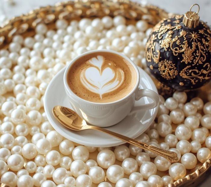 Filiżanka kawy na złotej tacy wysypanej perłami, obok czarna bombka ze złotym ornamentem – eleganckie zimowe tło dla biżuterii z pereł Meritano Jewellery.