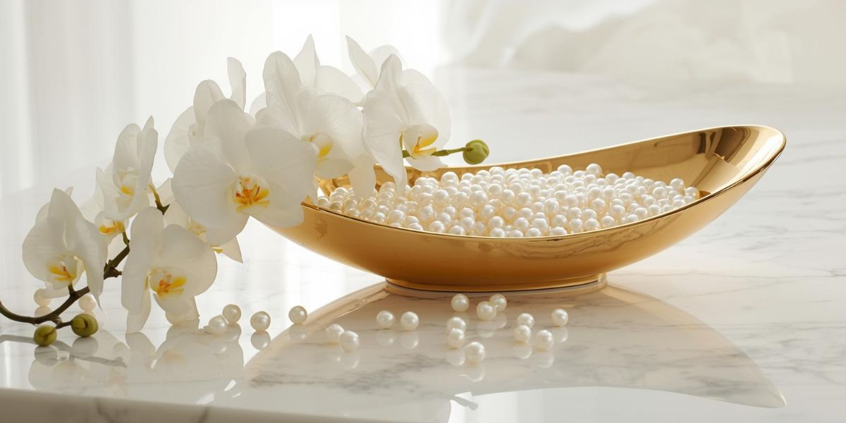 Perły słodkowodne w złotej misie z białą orchideą – biżuteria z pereł, kolekcja Meritano