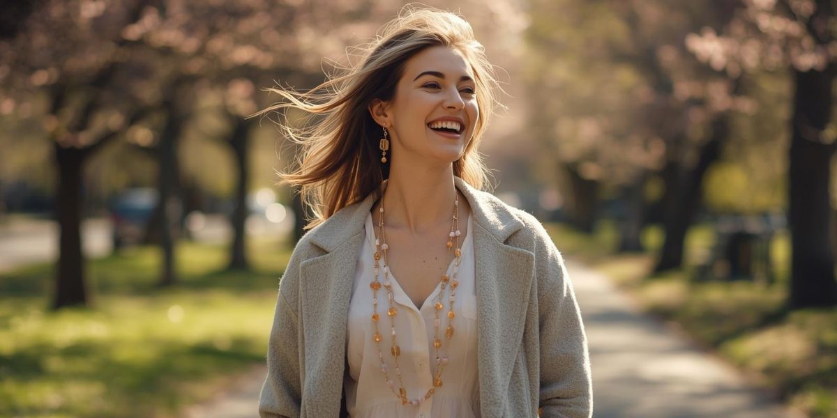 Uśmiechnięta kobieta w jasnym płaszczu spacerująca w parku wiosną, nosząca długi naszyjnik z kamieni naturalnych i kolczyki w ciepłych odcieniach.