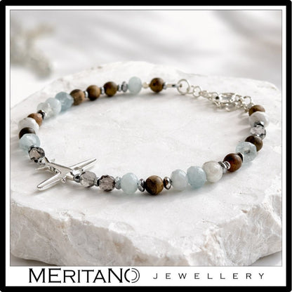 Bransoletka z samolotem, akwamarynem i agatem na białym kamieniu, srebro