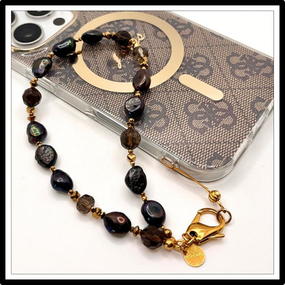 Bransoletka do telefonu z czarnych pereł i kwarcu dymnego