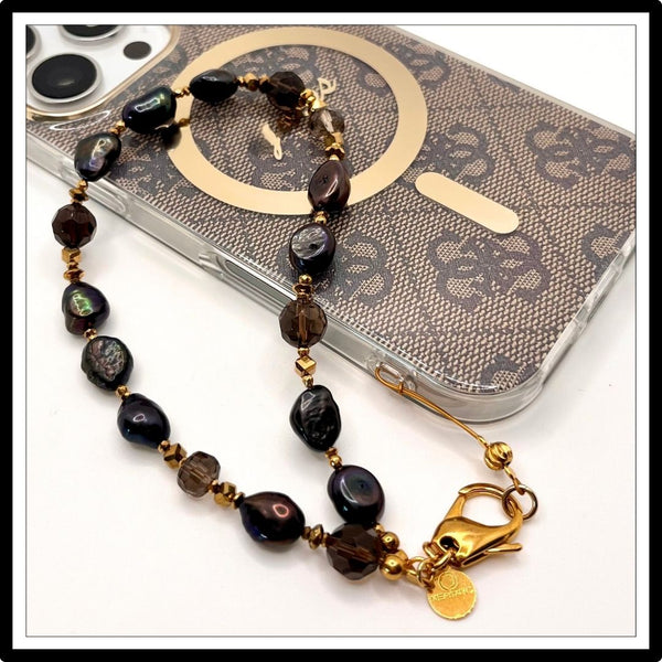Bransoletka do telefonu z czarnych pereł i kwarcu dymnego