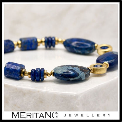 Bransoletka z lapis lazuli, jaspisem i kianitem, niebieskie kamienie naturalne, srebro pozłacane  - skala kamieni