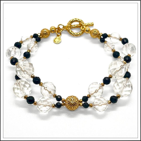 Bransoletka z kryształem górskim i turmalinem, podwójna, złote detale