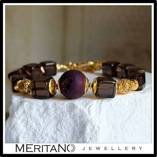 bransoletka kwarc dymny agat duże  kamienie złote detale toggle