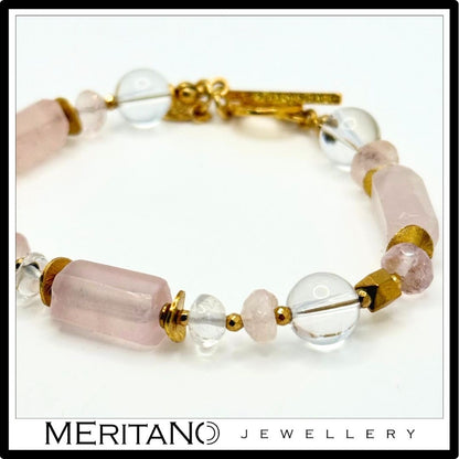 Bransoletka z różowym kwarcem , kryształem górskim i morganitem - widok na detale