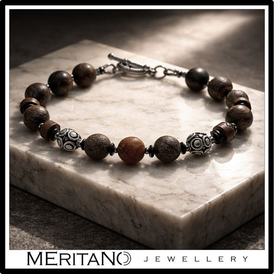 Bransoletka męska z bronzytem i agatem ze srebrem oksydowanym