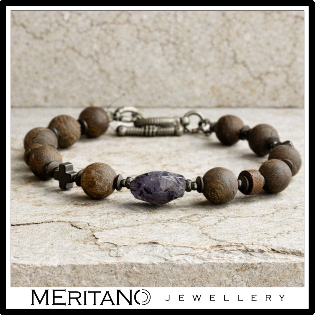 Bransoletka męska z kamieni naturalnych - bronzyt i iolit w widoku z przodu