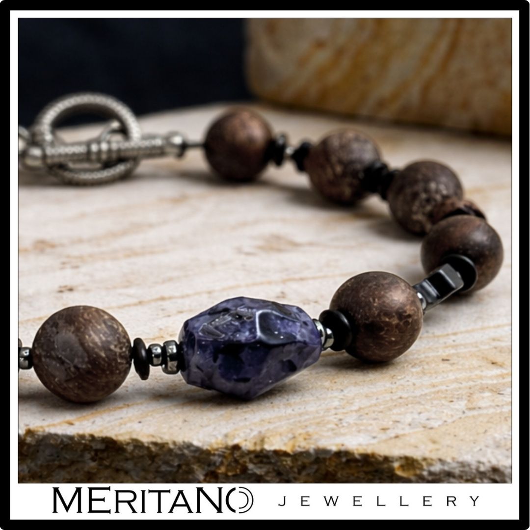 Bransoletka męska z kamieni naturalnych bronzytu i iolitu - detale