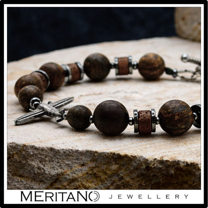 Bransoletka męska z bronzytem i hematytem z samolotem ze srebra - detale