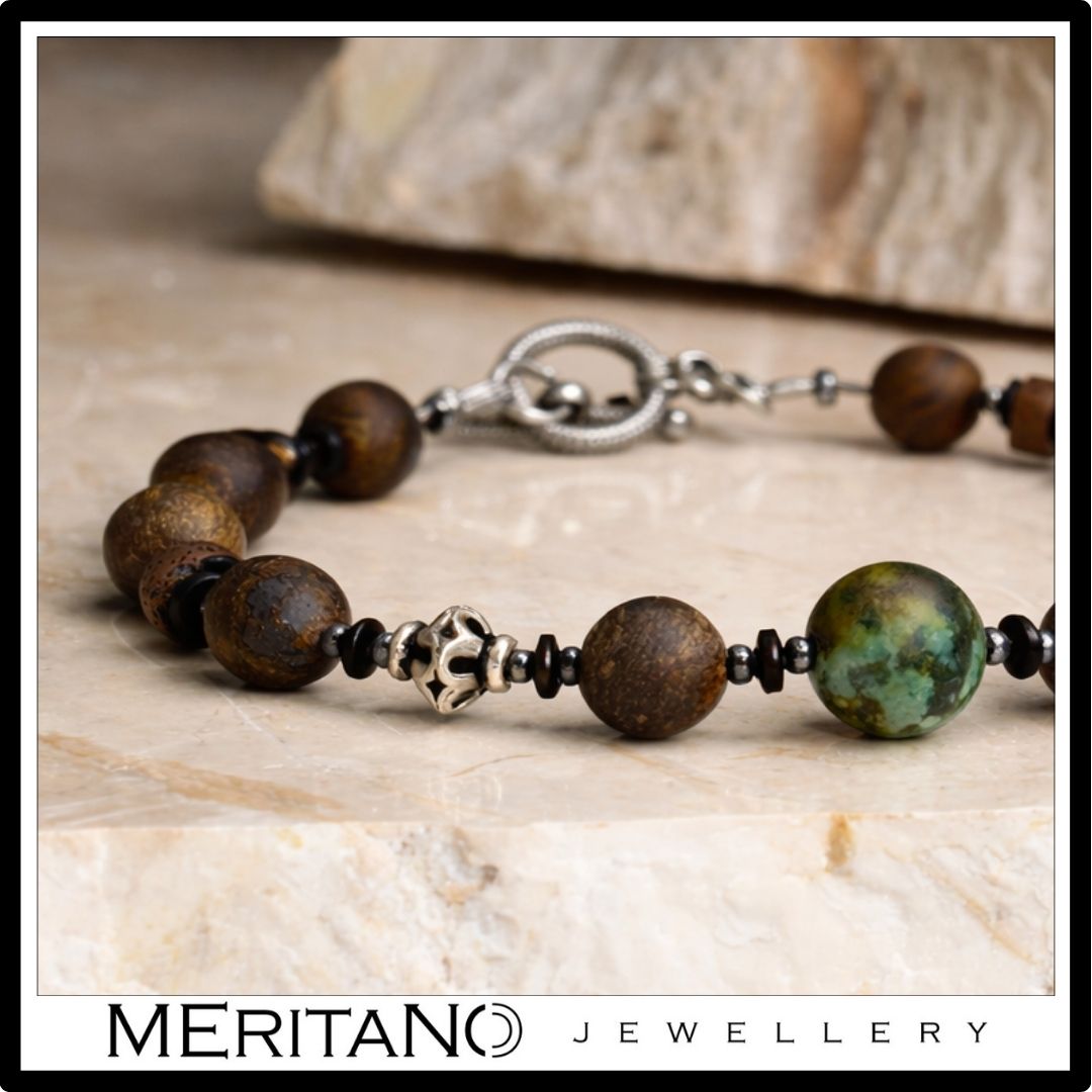 Bransoletka męska z kamieni - bronzyt i turkus - detale