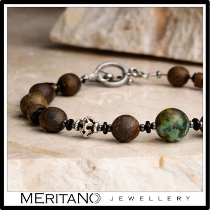 Bransoletka męska z kamieni - bronzyt i turkus - detale