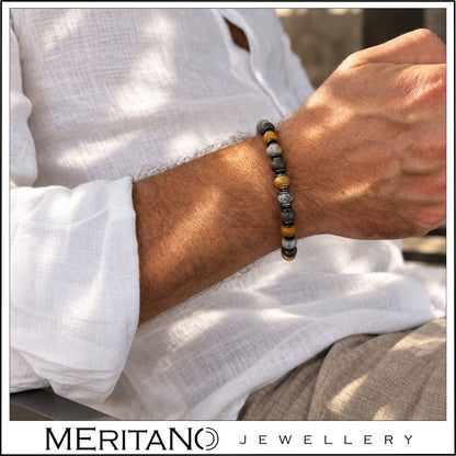 Bransoletka męska z kamieni jaspis, bronzyt na nadgarstku