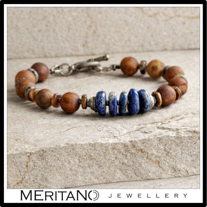 Bransoletka męska z brązowym agatem i tygrysim okiem oraz niebieskim lapis lazuli na jasnym kamieniu