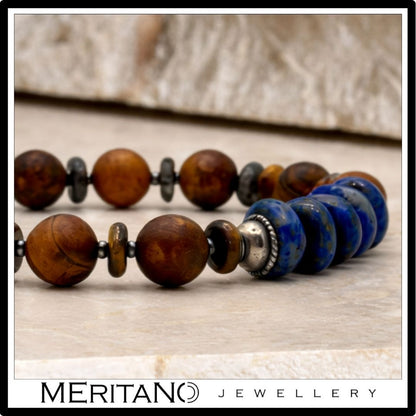 Bransoletka męska z kamieni naturalnych - agat, tygrysie oko i lapis lazuli, widok na detale