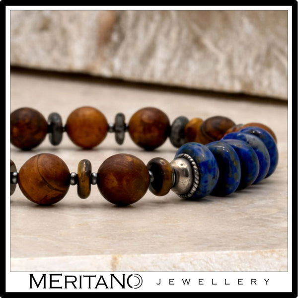 Bransoletka męska z kamieni naturalnych - agat, tygrysie oko i lapis lazuli, widok na detale