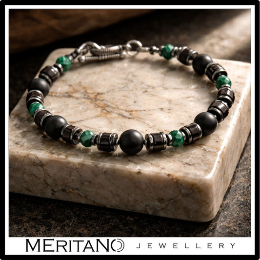 Męska bransoletka z czarnym turmalinem i malachitem na jasnym kamieniu