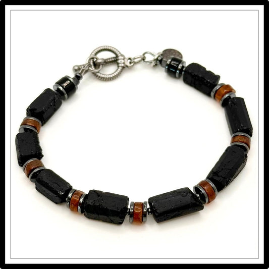 Bransoletka męska z turmalinem i granatem hessonit. Widok z góry.