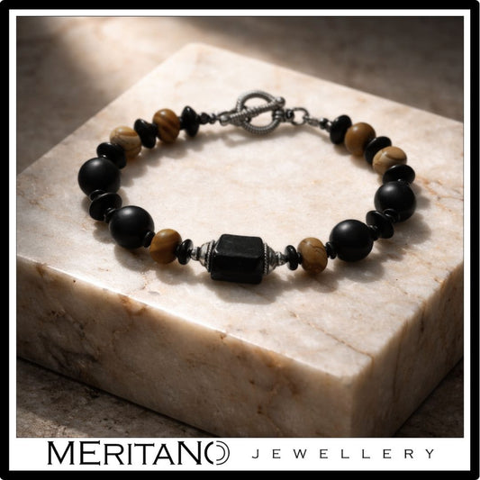 Bransoletka męska z kamieni - turmalin, onyks i jaspis , srebro oksydowane