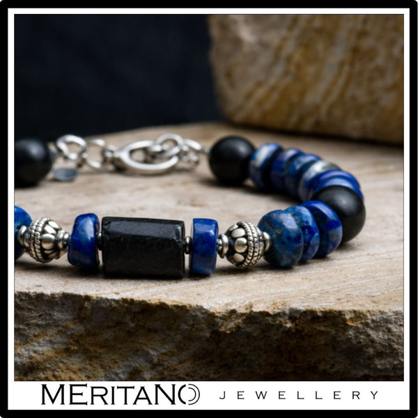 Bransoletka męska z turmalinem i lapis lazuli, srebro oksydowane - widok z przodu