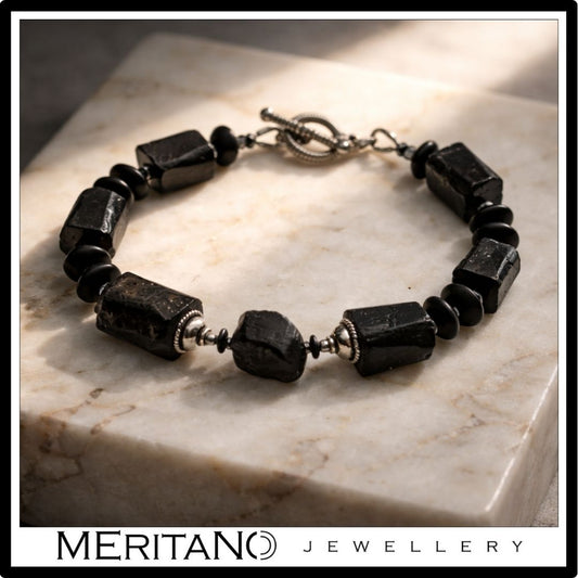 Bransoletka męska z czarnym turmalinem i onyksem, duże czarne kamienie