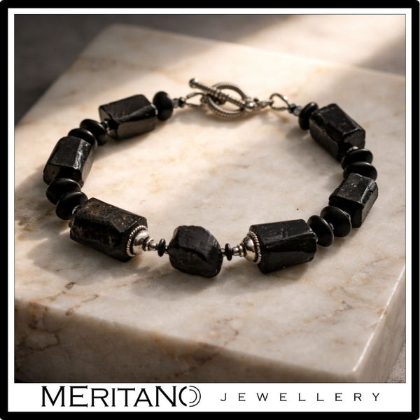 Bransoletka męska z czarnym turmalinem i onyksem, duże czarne kamienie