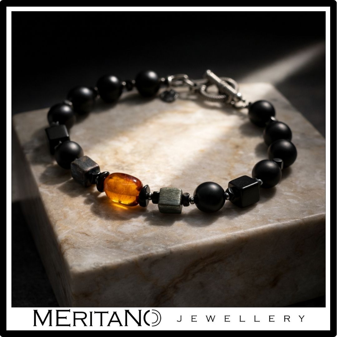 Bransoletka męska z kamieni naturalnych - turmalin, onyks, bursztyn na bloku kamiennym