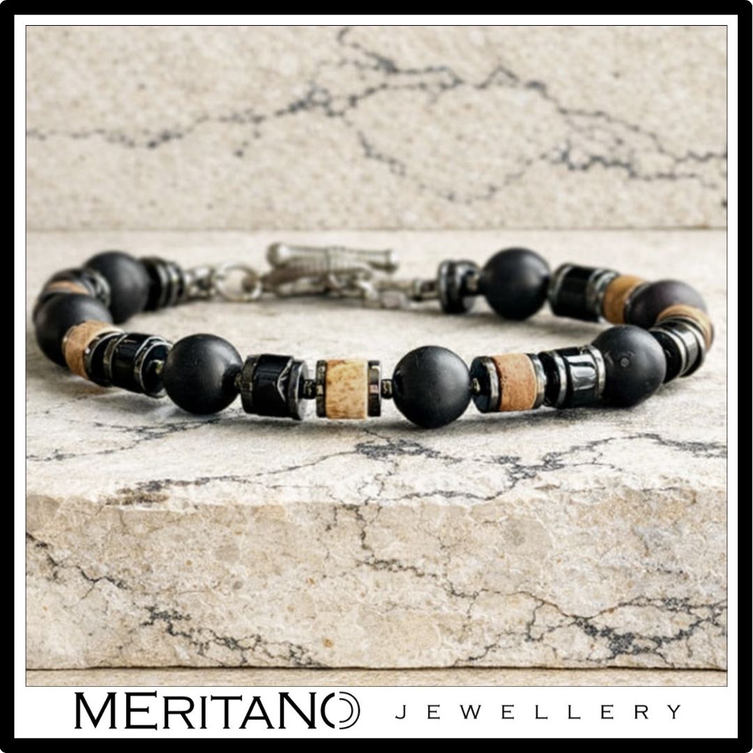 Bransoletka męska z kamieni  - turmalin, onyks, jaspis na jasnym kamieniu