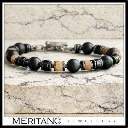 Bransoletka męska z kamieni  - turmalin, onyks, jaspis na jasnym kamieniu