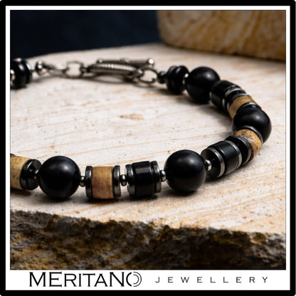 Bransoletka męska z kamieni  - turmalin, onyks, jaspis - zbliżenie