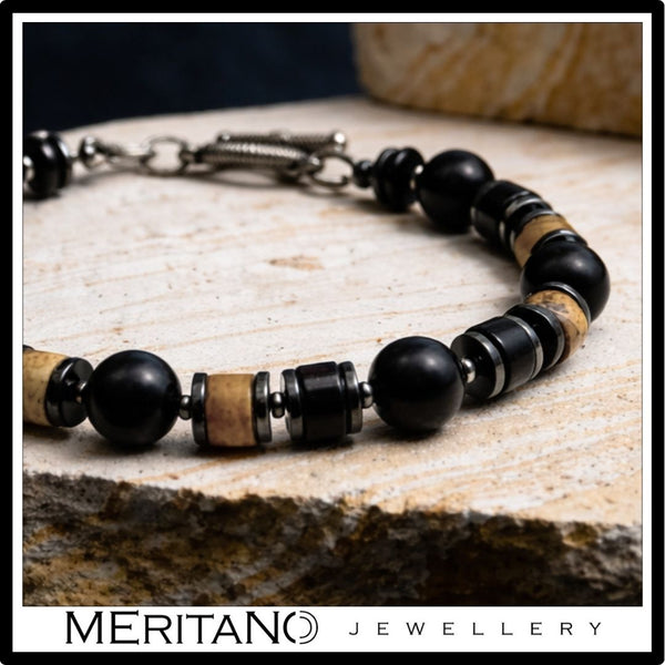 Bransoletka męska z kamieni  - turmalin, onyks, jaspis - zbliżenie