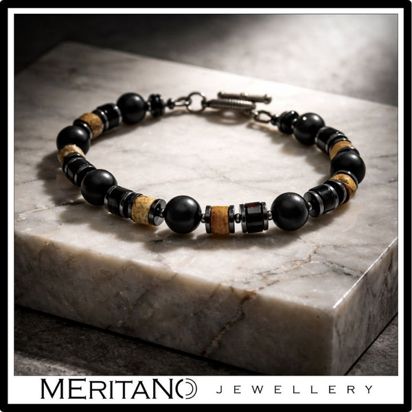 Bransoletka męska z kamieni  - turmalin, onyks, jaspis na bloku marmuru