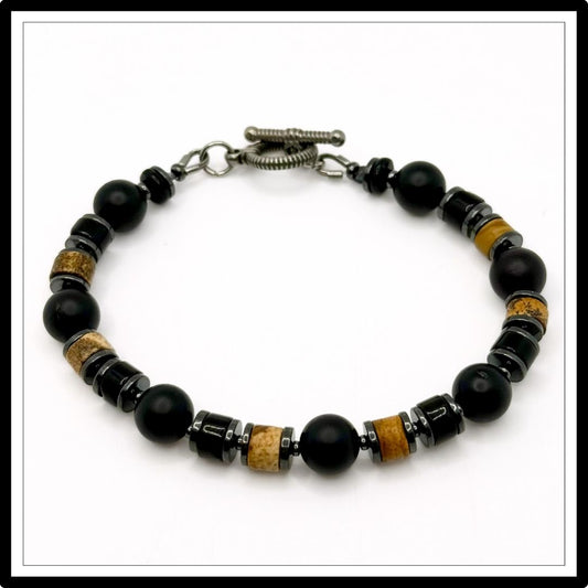 Bransoletka męska z kamieni czarny turmalin, onyks i jaspis brązowy, biżuteria Meritano Jewellery - widok z góry