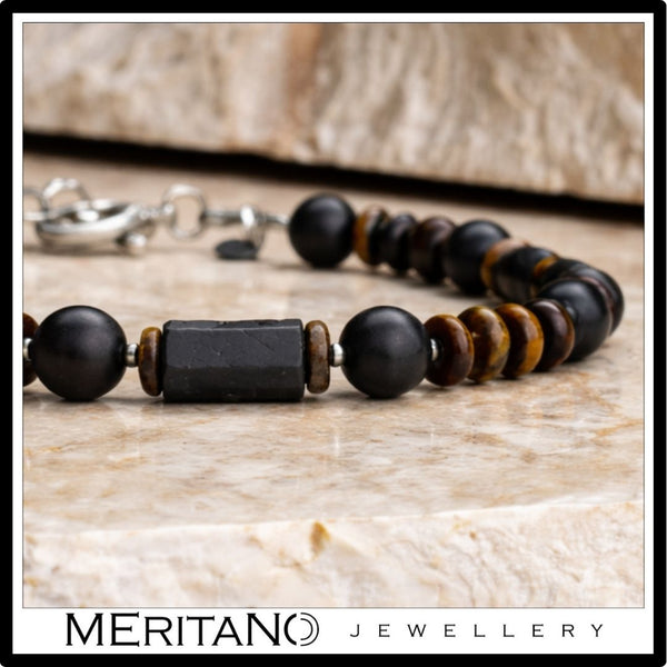 Bransoletka męska z kamieni - turmalin i tygrysie oko w zbliżeniu