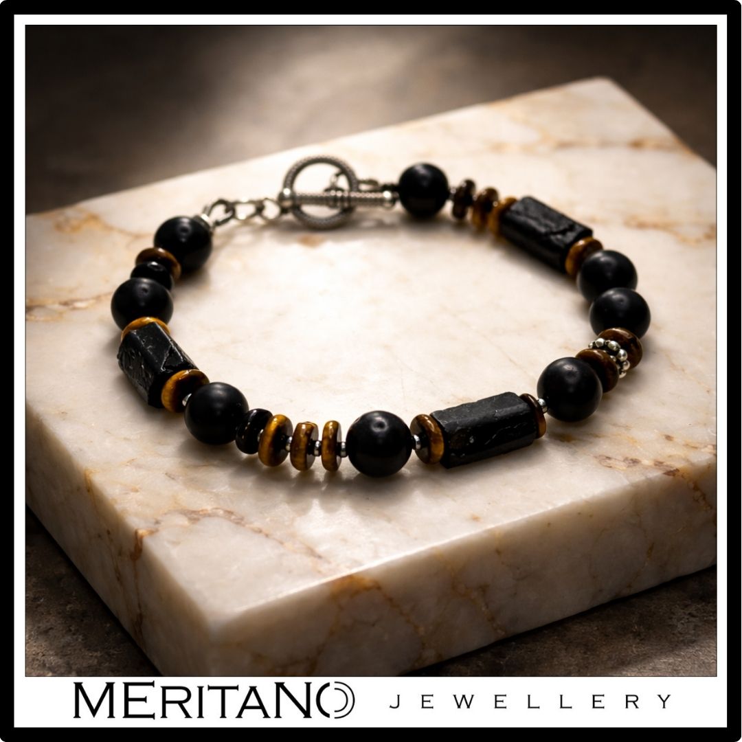 Bransoletka męska z czarnym turmalinem i tygrysim okiem na jasnym kamieniu