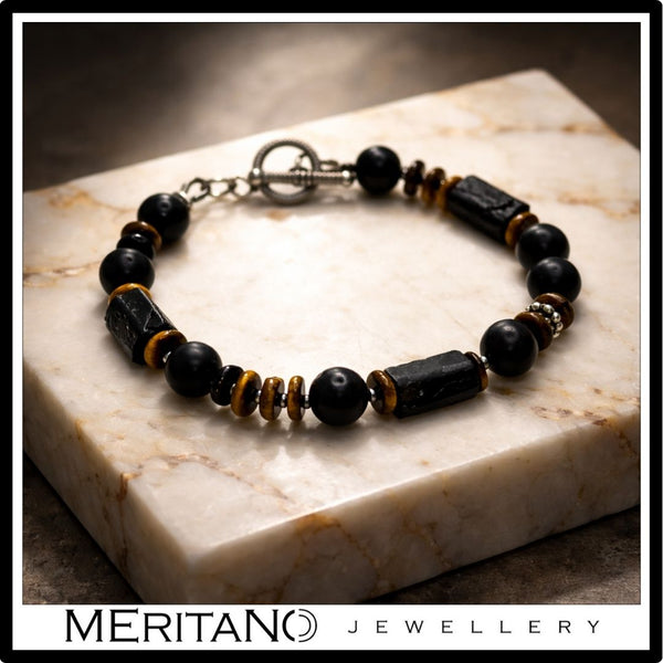 Bransoletka męska z czarnym turmalinem i tygrysim okiem na jasnym kamieniu