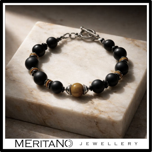 Bransoletka męska z turmalinem i tygrysim okiem ze srebrem oksydowanym, czarne kamienie w eleganckiej formie