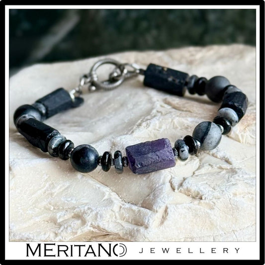 Czarno szara męska bransoletka z kamieni naturalnych turmalin i larvikit