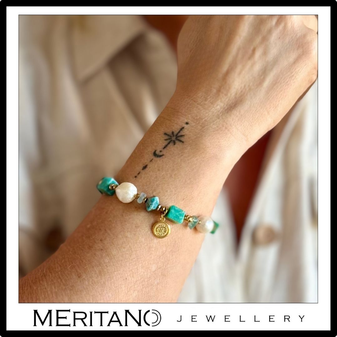 Bransoletka z pereł naturalnych z amazonitem "Klejnoty" N°0234