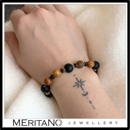 Bransoletka z czarnym turmalinem i agatem, srebro pozłacane na ręce