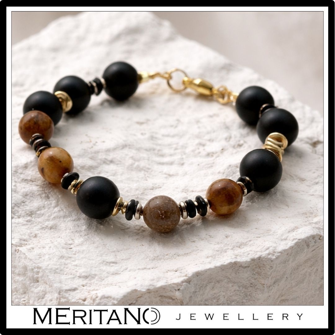 Bransoletka z czarnym turmalinem i agatem, srebro pozłacane na jasnym kamieniu