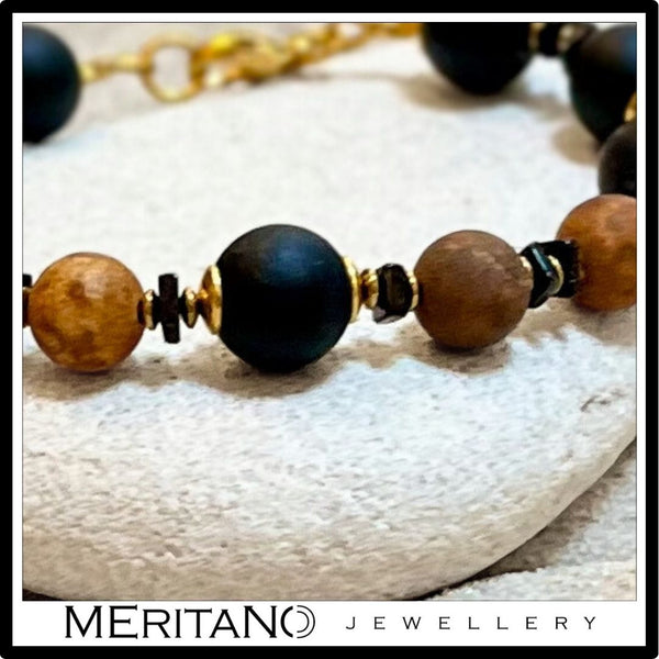 Bransoletka z czarnym turmalinem i agatem, srebro pozłacane - detale