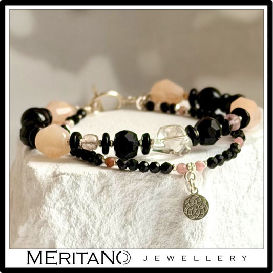 Podwójna bransoletka z turmalinem, różowym awenturynem i czarnym onyksem na gipsie